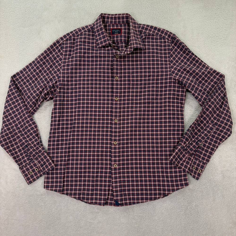 UNTUCKit Mens Medium Button Up Shirt Tesoro Navy Red Plaid Cotton Long Sleeve